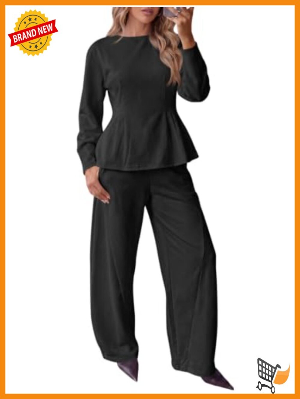Women's 2 Piece Outfit Long Sleeve Peplum Top & Wide Leg Pants Set